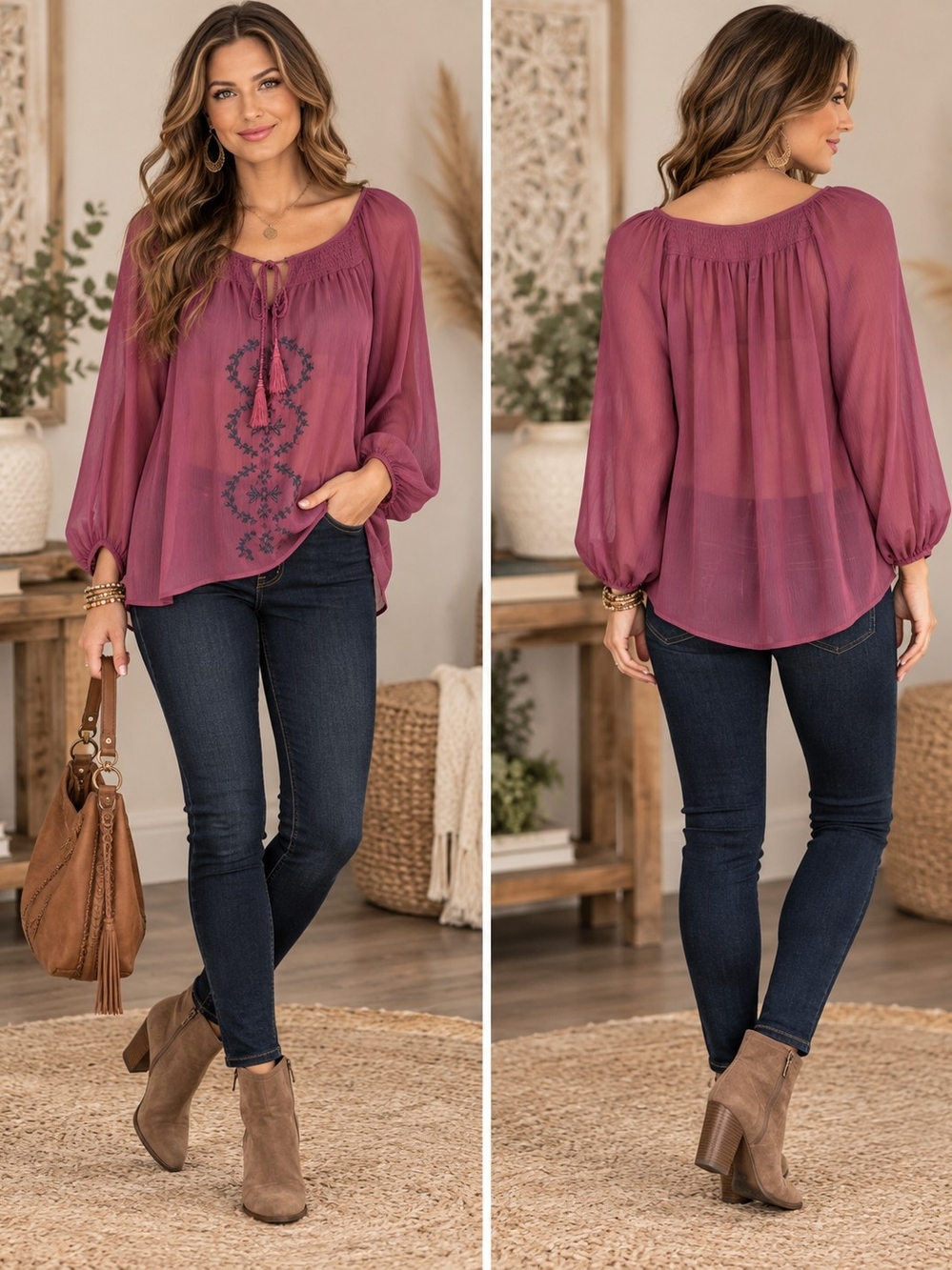 St. John's Bay Embroidered Boho Peasant Blouse Magenta Pink 3X Smocked Tassel